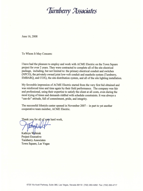 A Letter of Recommendation From Turnberry Executive Project Manager